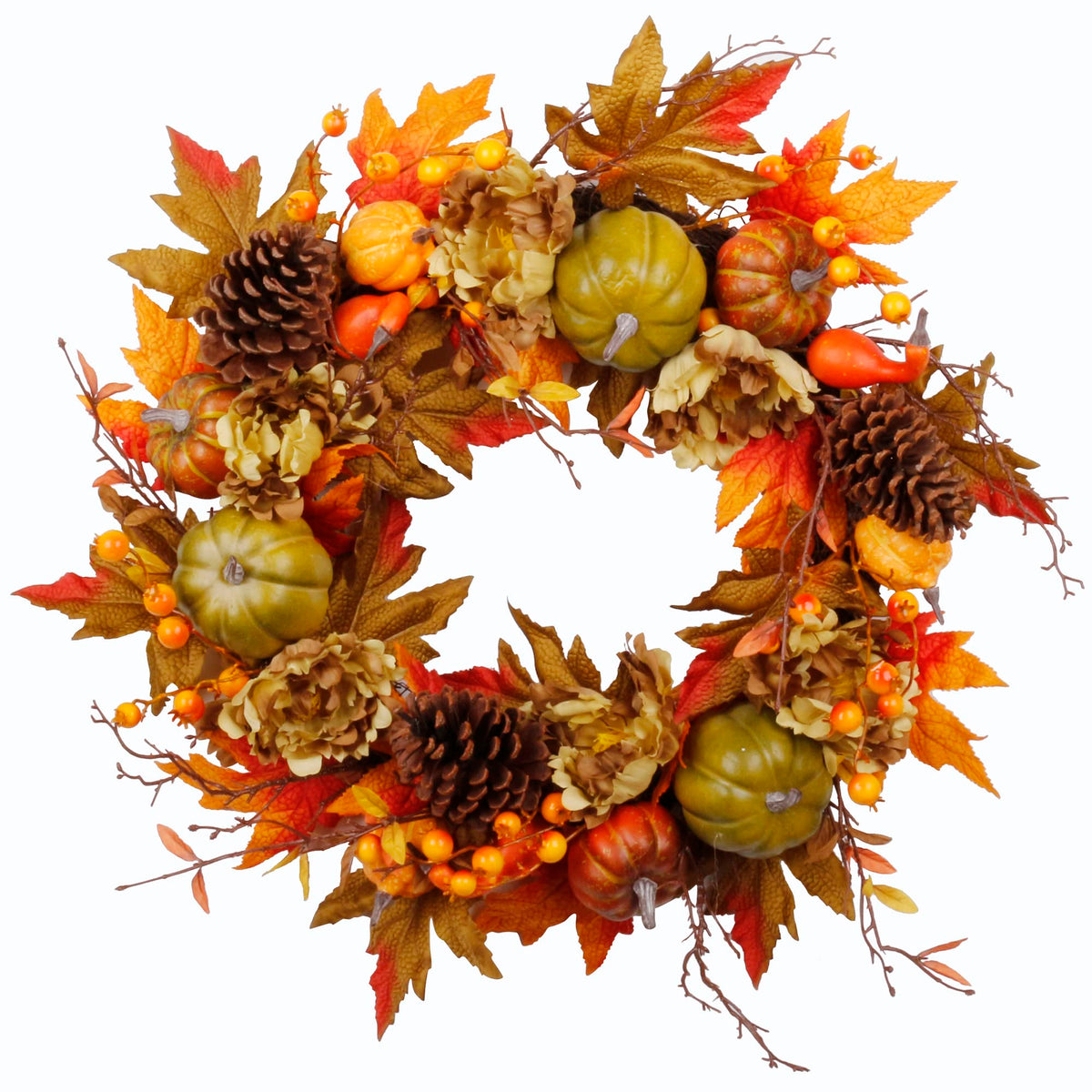 Couronne d'automne SOFTFLAME de 50 cm pour porte d'entrée, couronne artificielle automnale avec citrouille, pommes de pin, feuilles d'érable et baies, idée cadeau pour la décoration de la maison pour Halloween et Thanksgiving