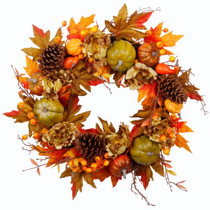 Couronne d'automne SOFTFLAME de 50 cm pour porte d'entrée, couronne artificielle automnale avec citrouille, pommes de pin, feuilles d'érable et baies, idée cadeau pour la décoration de la maison pour Halloween et Thanksgiving