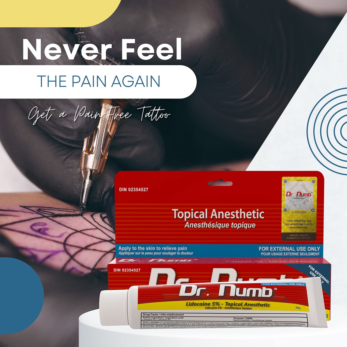 Dr. Numb Tattoo Numbing Cream 5% Lidocaine Extra Strength Topical Anesthetic Cream with Vitamin E, Fast-Acting Pain Relief for Tattoos, Piercing, Microneedling, Waxing, Injections – 30 g DR. NUMB