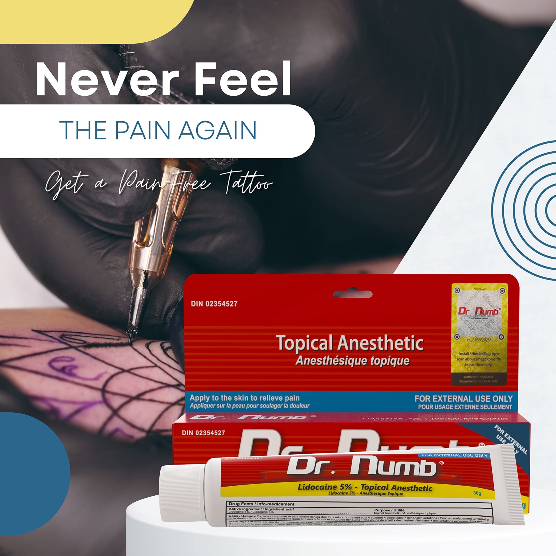 Dr. Numb Tattoo Numbing Cream 5% Lidocaine Extra Strength Topical Anesthetic Cream with Vitamin E, Fast-Acting Pain Relief for Tattoos, Piercing, Microneedling, Waxing, Injections – 30 g DR. NUMB