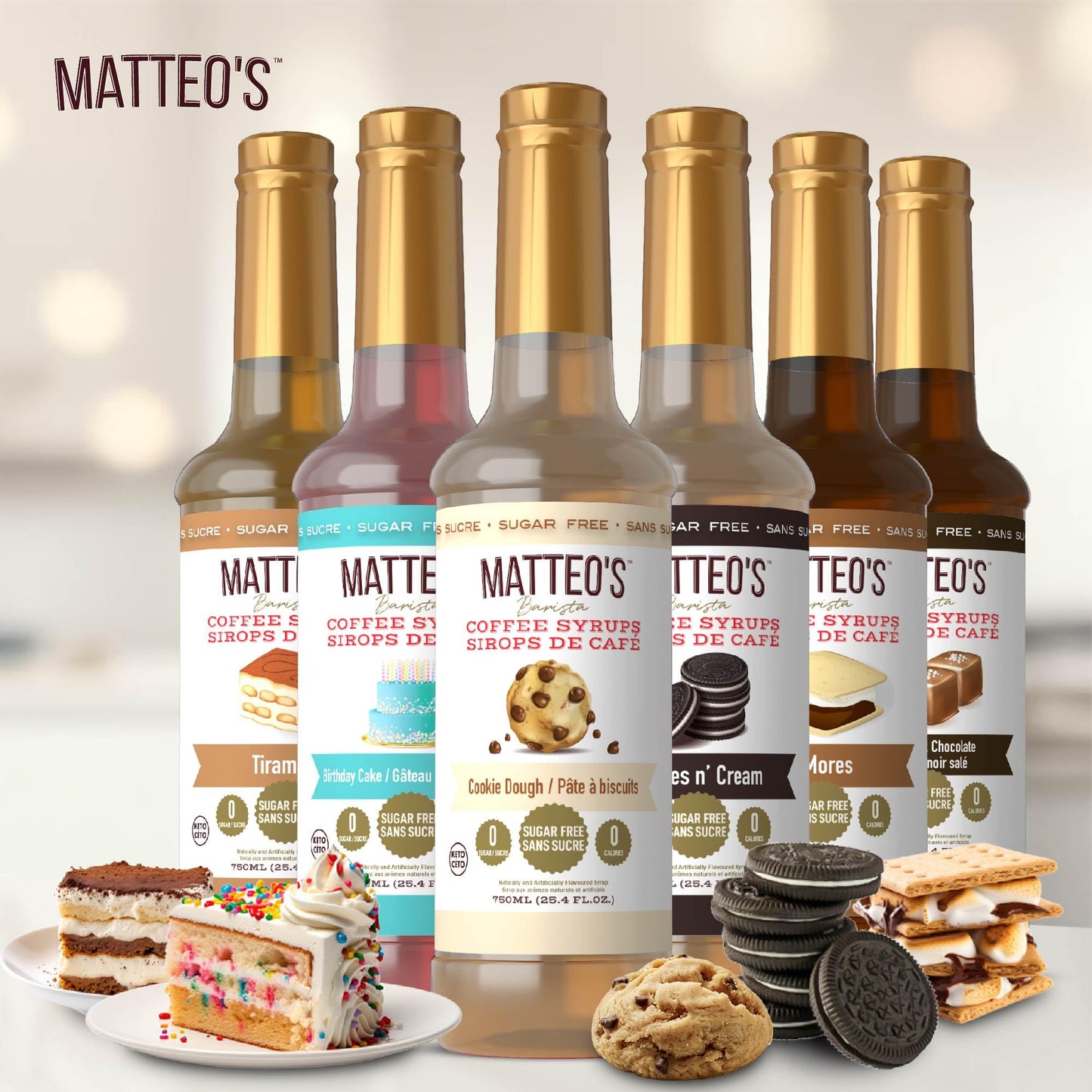 Matteo's Barista Style Sugar-Free Coffee Syrup, 6 Flavour Dessert Variety Pack, Zero Calories and Sugar, Keto-Friendly Coffee Syrups, Delicious Flavoured Coffee Syrup - 25.4 oz Syrup Bottles Matteo's