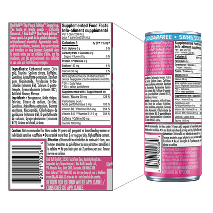 Boisson énergisante Red Bull, Pêche blanche, Sans sucre, 250 ml (lot de 24)
