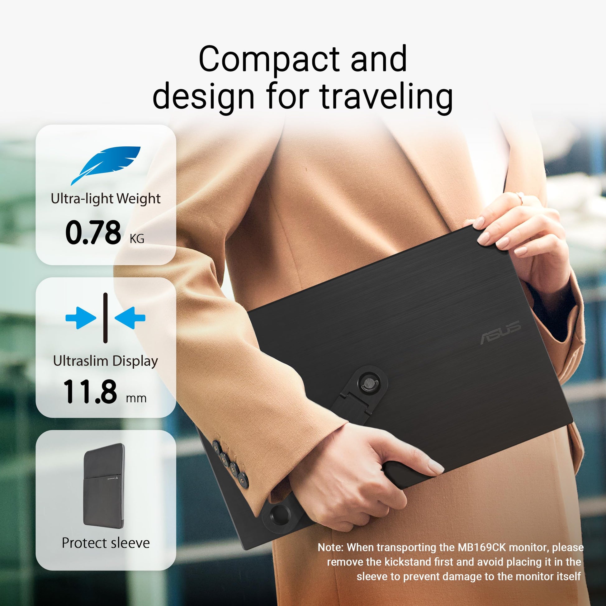 ASUS ZenScreen 15.6” Portable Monitor for Laptop (MB169CK) - Dual USB-C, Mini-HDMI, Plug & Play External Screen for Travel Dual Setup, Full HD, IPS, Anti-Glare Surface, 360° Kickstand, 3yr Warranty Asus