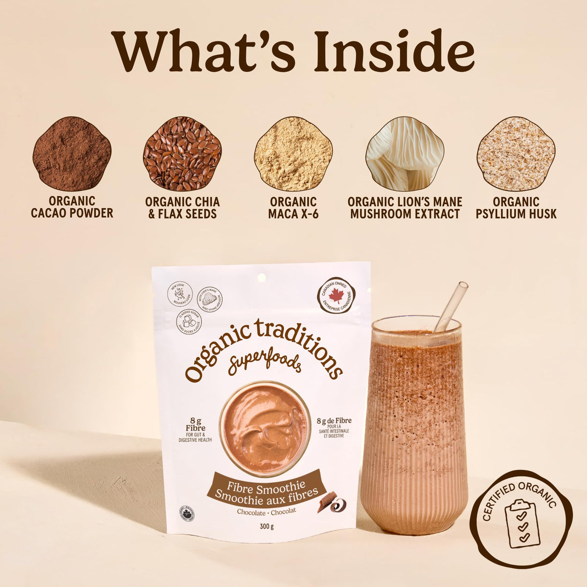 Organic Traditions Fibre Smoothie Chocolate Powder Blend, Superfood, 10.6oz
