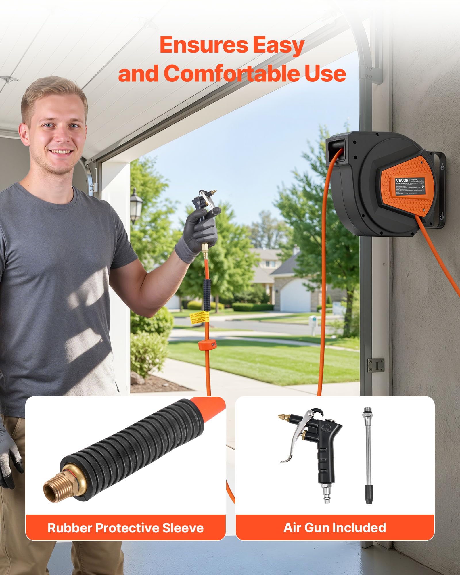 VEVOR Retractable Air Hose Reel, 1/4 Inch x 50 FT Hybrid Air Hose Max 300PSI, Enclosed Air-Compressor Hoses Reel Auto Rewind with 6.6 ft Lead in & Blow Gun, 180° Swivel Ceiling/Wall Mount VEVOR