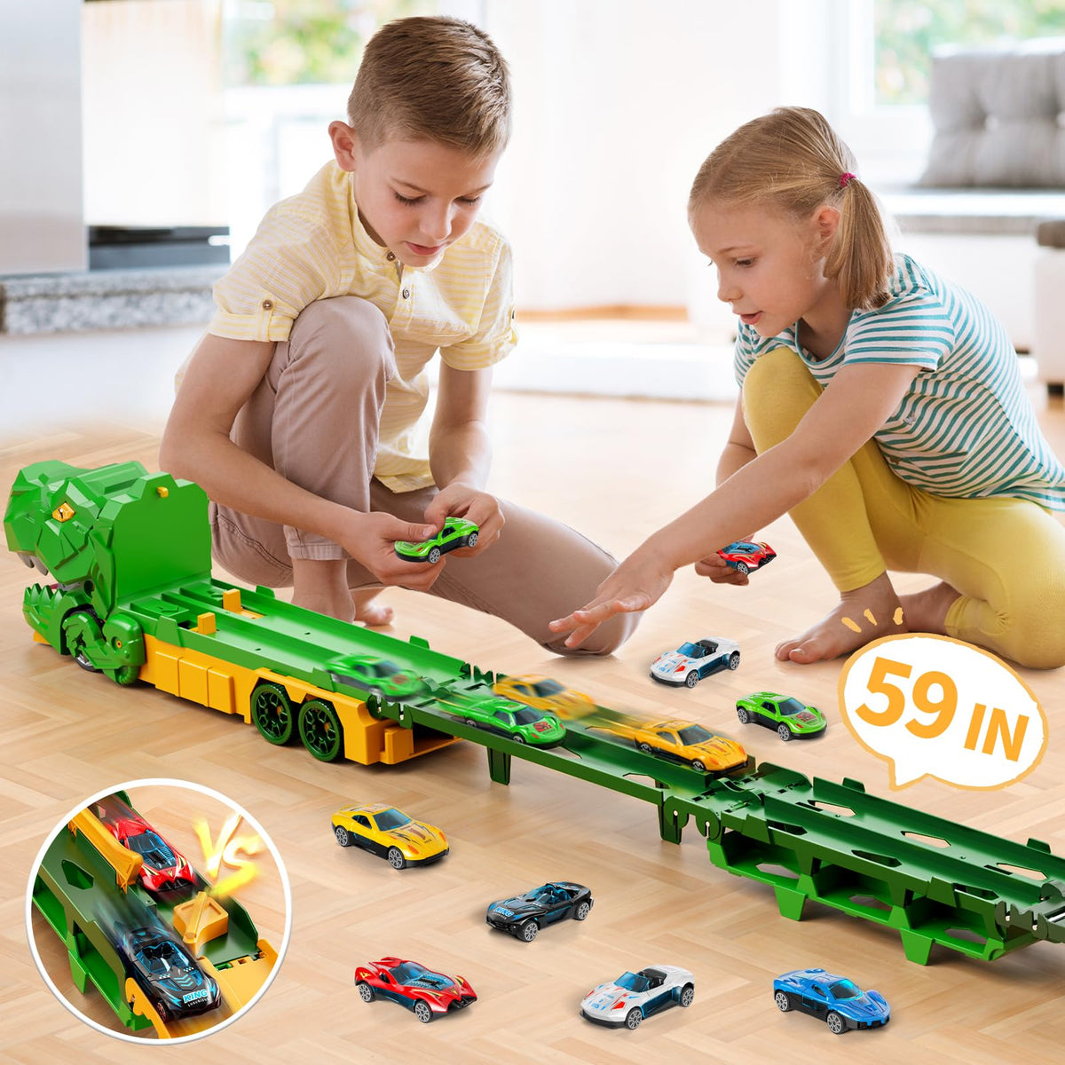Dinosaur Transport Race Truck Toy with 59-Inch Race Track and Die-Cast Cars 🍁 All In One Marketplace Canada