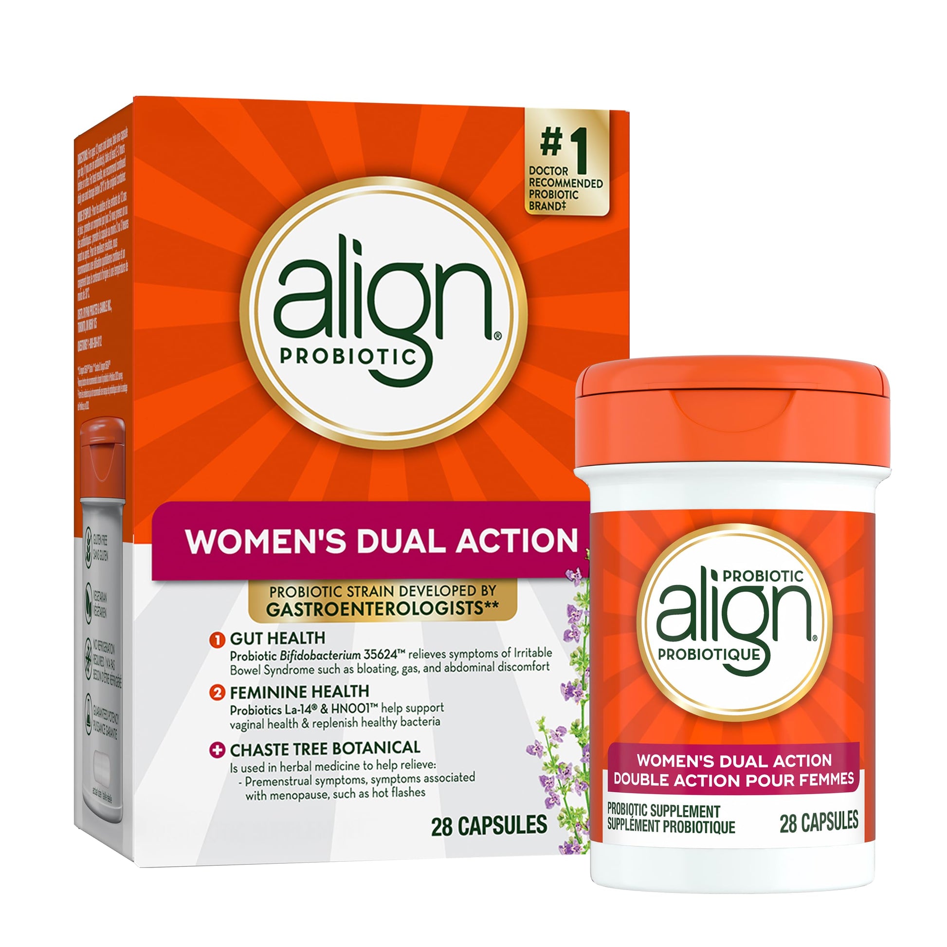 Align Probiotic, Women's Dual Action, Multi-Strain Probiotic, with Chaste Tree, Soothes Occasional Abdominal Discomfort, Gas, Bloating, 28 Capsules