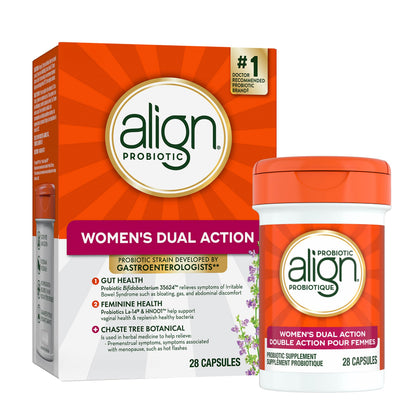 Align Probiotic, Women's Dual Action, Multi-Strain Probiotic, with Chaste Tree, Soothes Occasional Abdominal Discomfort, Gas, Bloating, 28 Capsules