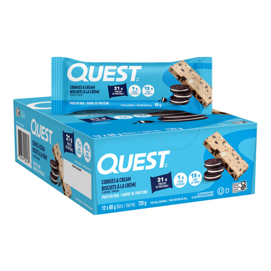 Quest Nutrition Cookies & Cream Flavour Protein Bar, High Protein, High Fibre, Low Sugar, Keto Friendly, 21g Protein, 1g Sugar, 12ct