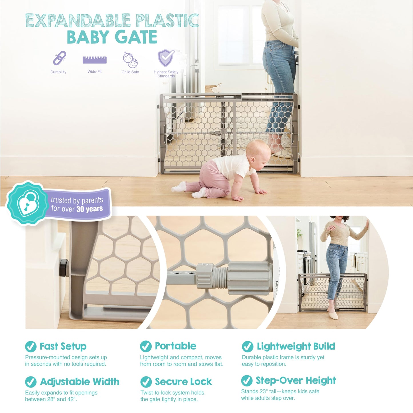 Regalo Easy Fit Plastic Adjustable Extra Wide Baby Gate, Award Winning Brand, 23 Inches Tall, Fits Openings Between 28 to 42 Inches, Pressure Mounted