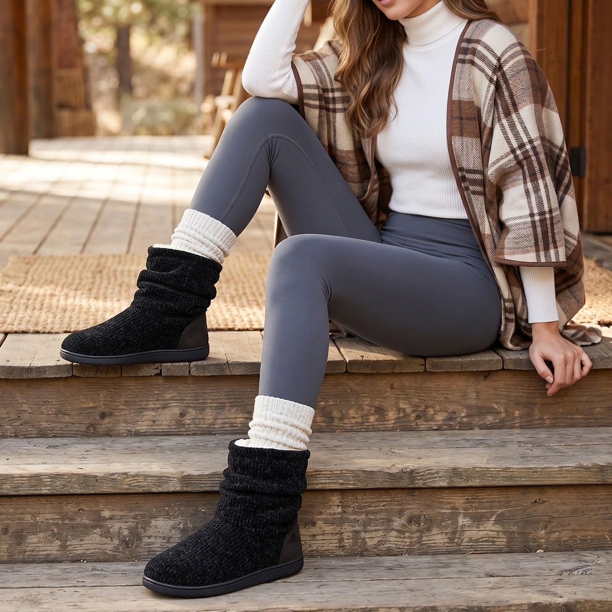 LongBay Women's Cozy Winter Slipper Boots Warm Chenille Knit Bootie Memory Foam Non-Slip Indoor Outdoor House Shoes(Medium / 7-8, Black) 🍁 All In One Marketplace Canada