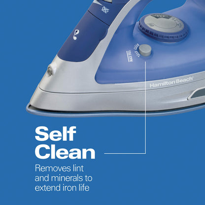 Hamilton Beach Steam Iron for Clothes with Durathon Nonstick Soleplate, Retractable Cord, Vertical Steam, Self-Clean, Anti-Drip, 1500 Watts, Blue, 19803
