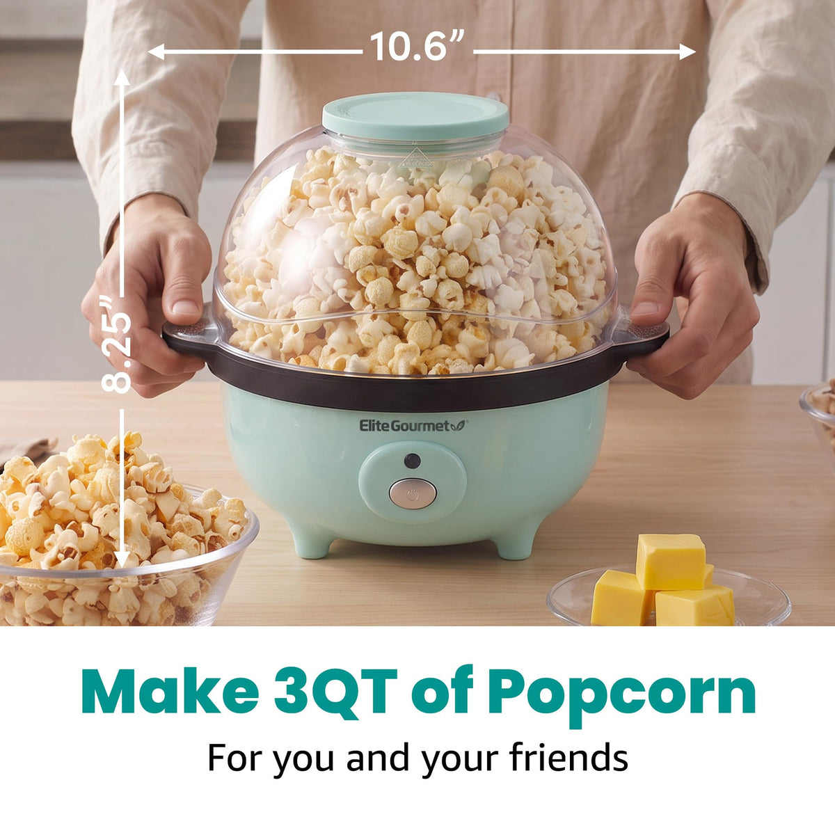 Elite Gourmet EPM330M Automatic Stirring Popcorn Maker Popper, Electric Hot Oil Machine with Measuring Cap & Built-in Reversible Serving Bowl, Great for Home Party Kids, ETL Approved, Mint, 3-Quart