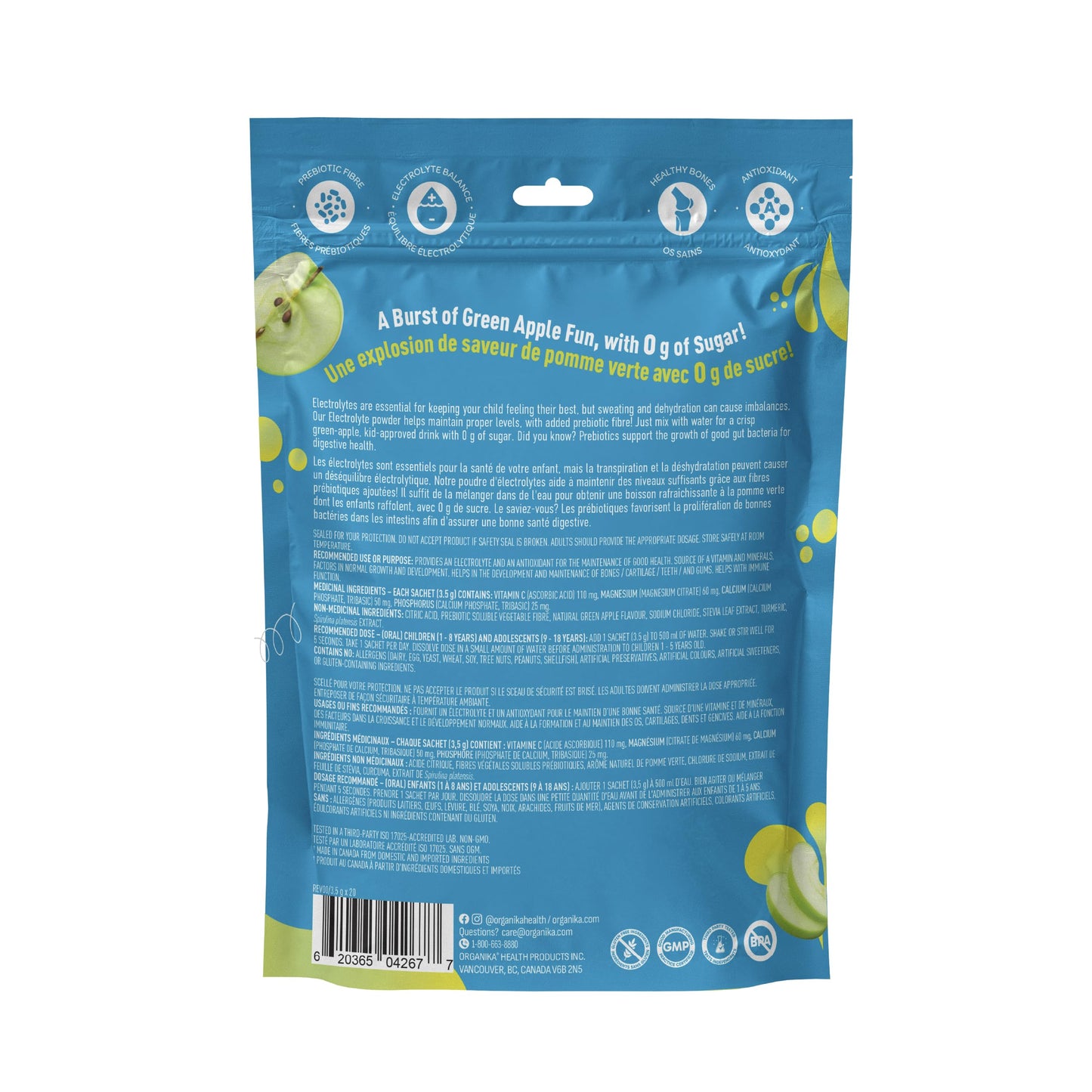 Organika Kids Electrolytes Powder Sticks - Sugar-Free Hydration + Immune support with 100% of daily Vitamin C, Minerals and Prebiotic Fibre | Green Apple Flavour - 3.5g x 20 sachets Organika