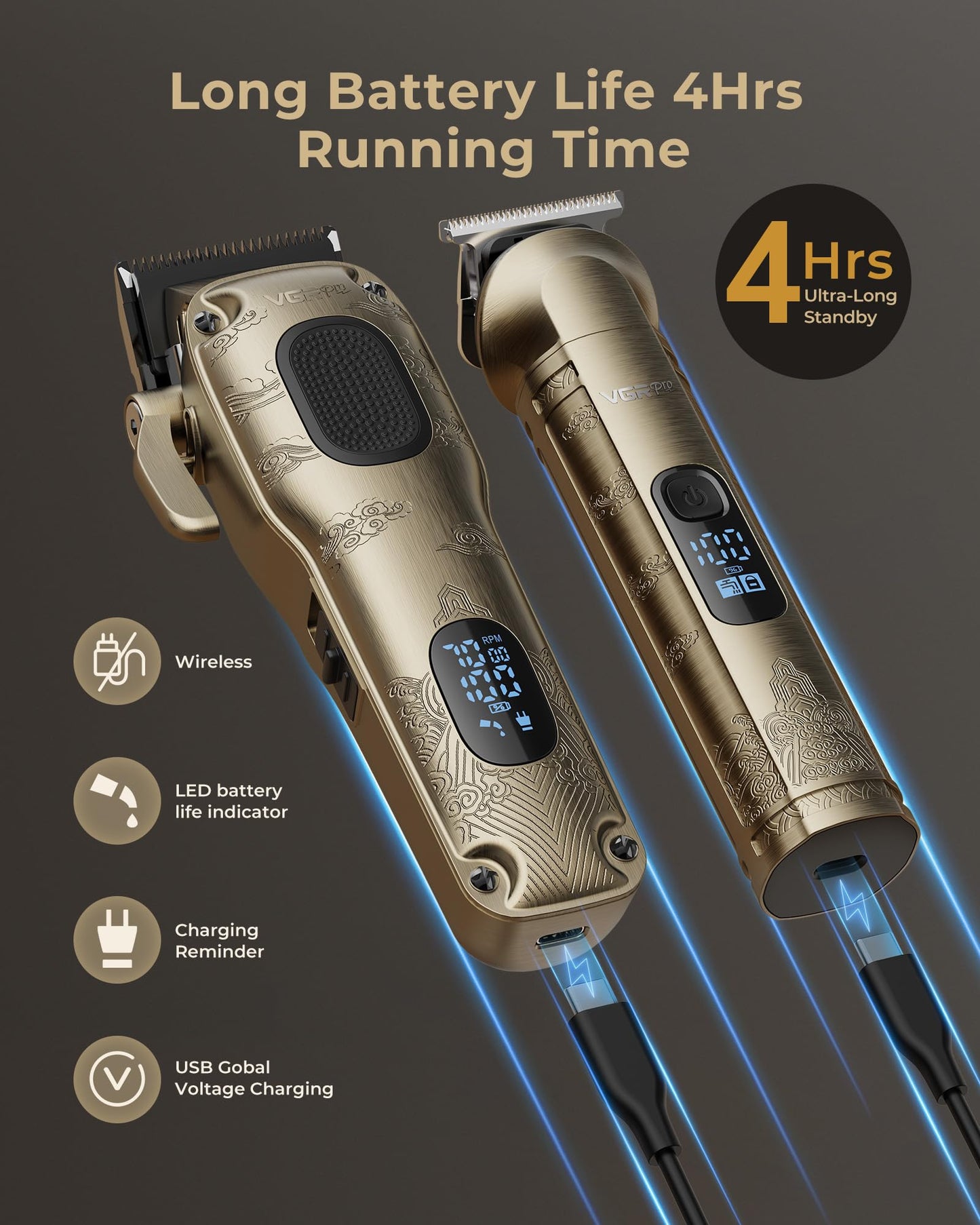 VGRPRO Hair Clippers for Men Professional, Cordless Hair Clippers for Hair Cutting, Mens Clippers and Trimmers Set, Electric Hair Trimmer for Men with Package Case (Gloden) - Available at All In One Marketplace Canada