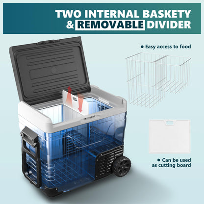 EUHOMY 12 Volt Refrigerator, 53QT(50L) Electric Cooler, Portable Freezer 12V/24V DC 100-240V AC, 12V Fridge -4℉~68℉, 12V Cooler with Wheels & 2 Baskets for Travel,Camping,Truck,Boat