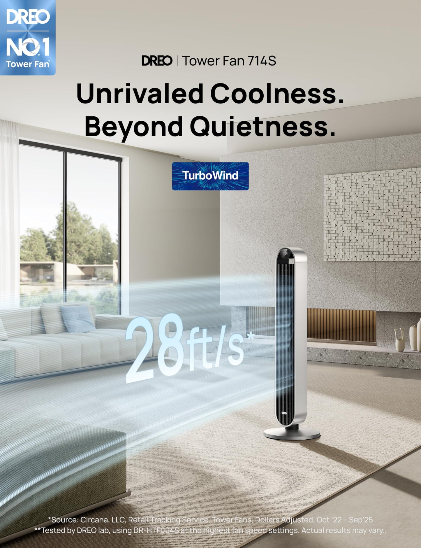 DREO Pilot Max 120° Oscillating Tower Fan, 42 Inch Bladeless Fan for Bedroom, 25dB Quiet DC Motor, Standing Fan with Remote, 12 Hyper Wind Speeds, 4 Modes, 12H Timer Floor Fans for Home Living Room DREO