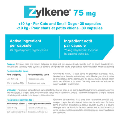 Vetoquinol Zylkene – Veterinary Health Product - Calm and Relaxed Behaviour in Pets During Stressful Events - 75 mg - Cats and Small Dogs - 30 Caps