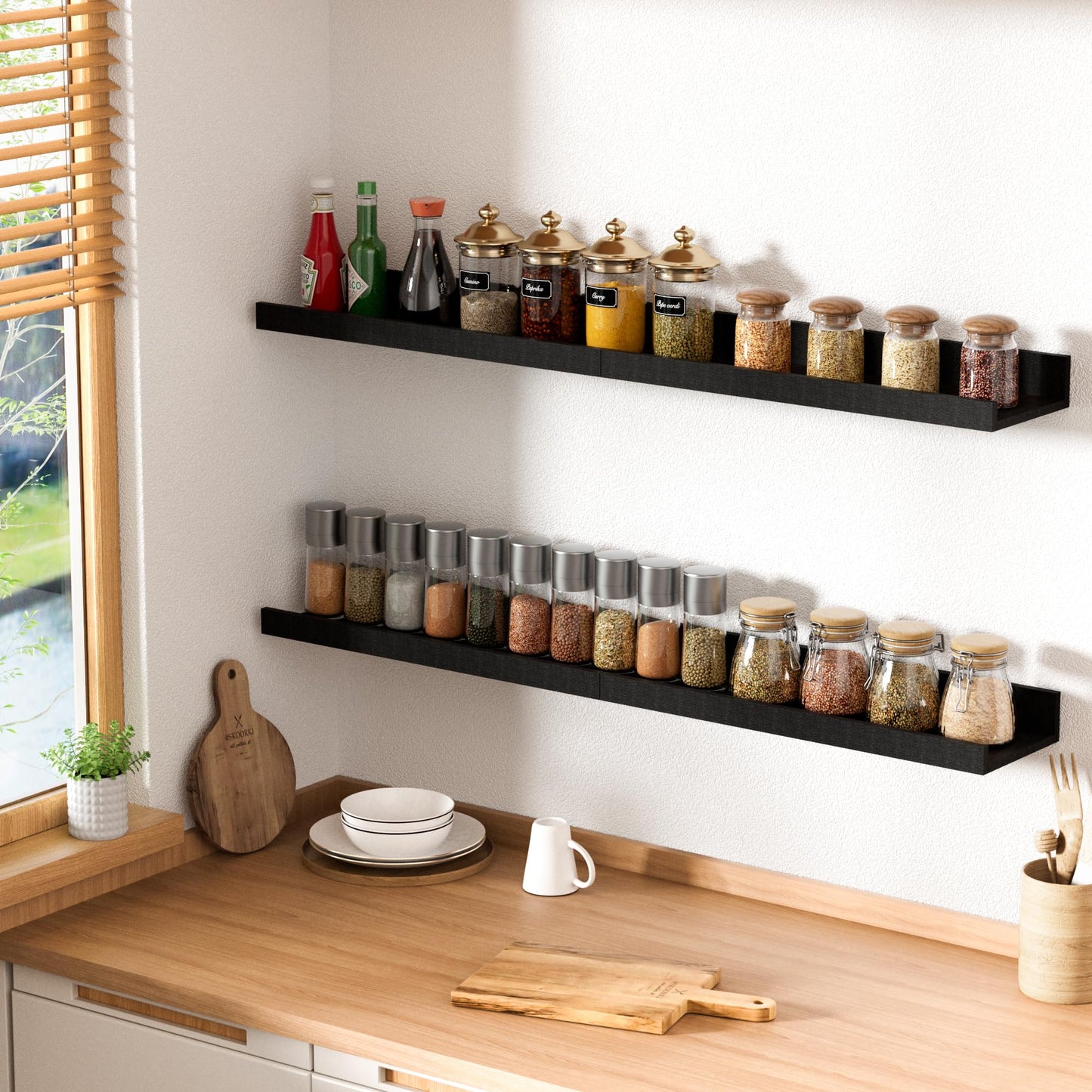 upsimples Floating Shelves for Wall, Decor Storage Set of 6, Wall Mounted Wood Shelves for Bedroom, Living Room, Bathroom, Kitchen, Picture Ledge Shelves, Black