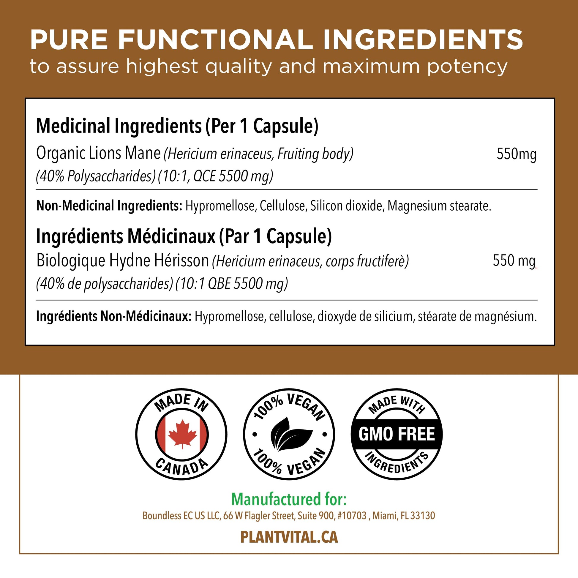 PlantVital Lions Mane - Made in Canada - Max Potency 11,000mg (10:1 Extract) - Organic Lion’s Mane Mushroom Supplements with 40% Polysaccharides - Supports Immune Health and Antioxidants -120 Capsules - Available at All In One Marketplace Canada