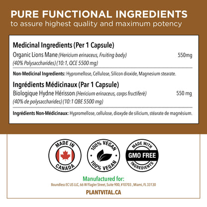 PlantVital Lions Mane - Made in Canada - Max Potency 11,000mg (10:1 Extract) - Organic Lion’s Mane Mushroom Supplements with 40% Polysaccharides - Supports Immune Health and Antioxidants -120 Capsules - Available at All In One Marketplace Canada