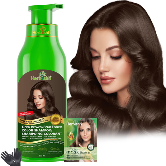 Herbishh Dark Brown Hair Dye Shampoo (500 mL), 3 in 1 Demi Permanent Hair Color Shampoo for Grey Coverage in 20-25 Minutes, Ideal for Women & Men. Ammonia-Free