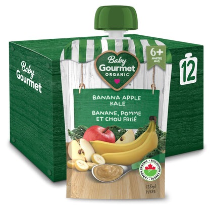 Baby Gourmet Banana Apple Kale Purée, 12 × 128 mL Pouches | 6 Months+ | Organic Baby Food | No Added Sugar or Salt | Made in Canada Baby Gourmet