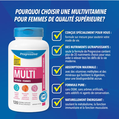 Progressive Advanced Daily Multivitamin for Adult Women, with DIM, Chastetree Berry, and Maca. Supports Immune Health, Energy and Hormone Health, 100% Complete, Canadian-Made, 120 Count