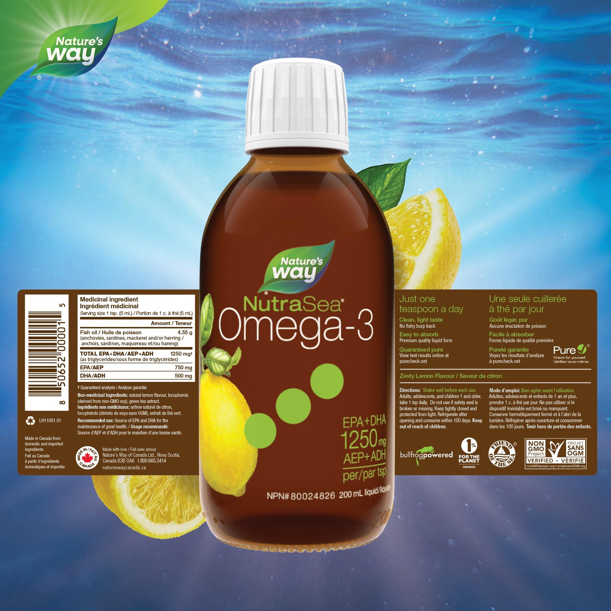 Nature's Way NutraSea Omega 3 Fish Oil Liquid Supplement – Zesty Lemon Flavour, Non-GMO – Heart & Brain Support for Adults and Kids Ages 1+ – 1250mg EPA & DHA, 200 mL