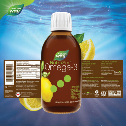 Nature's Way NutraSea Omega 3 Fish Oil Liquid Supplement – Zesty Lemon Flavour, Non-GMO – Heart & Brain Support for Adults and Kids Ages 1+ – 1250mg EPA & DHA, 200 mL
