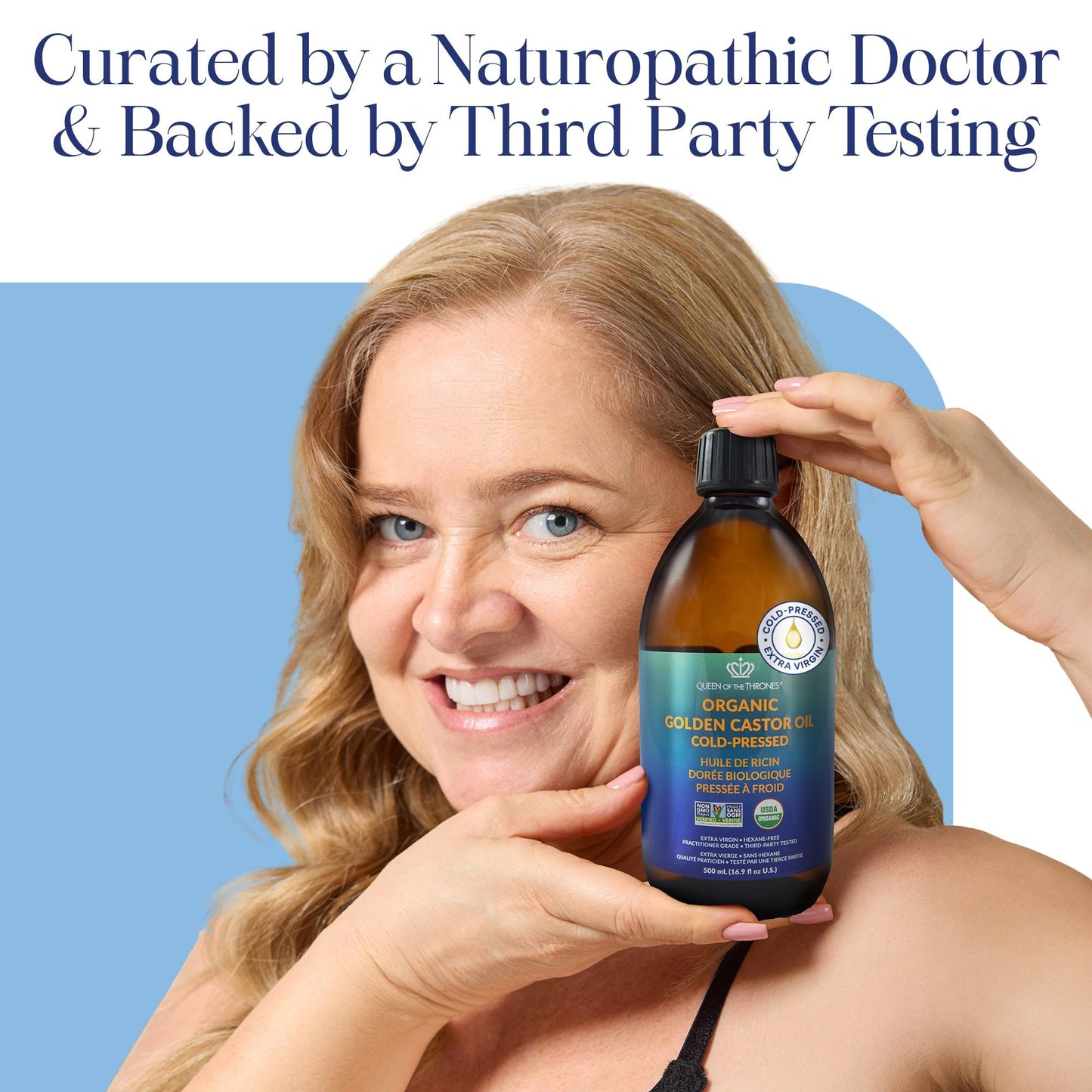 Queen of the Thrones Organic Golden Castor Oil - Pure Cold-Pressed Castor Oil for Self-Care - Multipurpose Clean Beauty Product for Hair, Nails & Skin - Silicone Precision Pump - 16.9 fl oz - Available at All In One Marketplace Canada