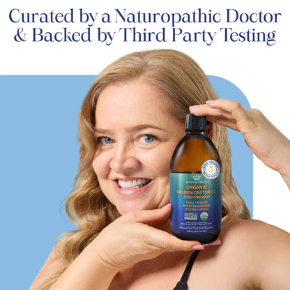 Queen of the Thrones Organic Golden Castor Oil - Pure Cold-Pressed Castor Oil for Self-Care - Multipurpose Clean Beauty Product for Hair, Nails & Skin - Silicone Precision Pump - 16.9 fl oz - Available at All In One Marketplace Canada