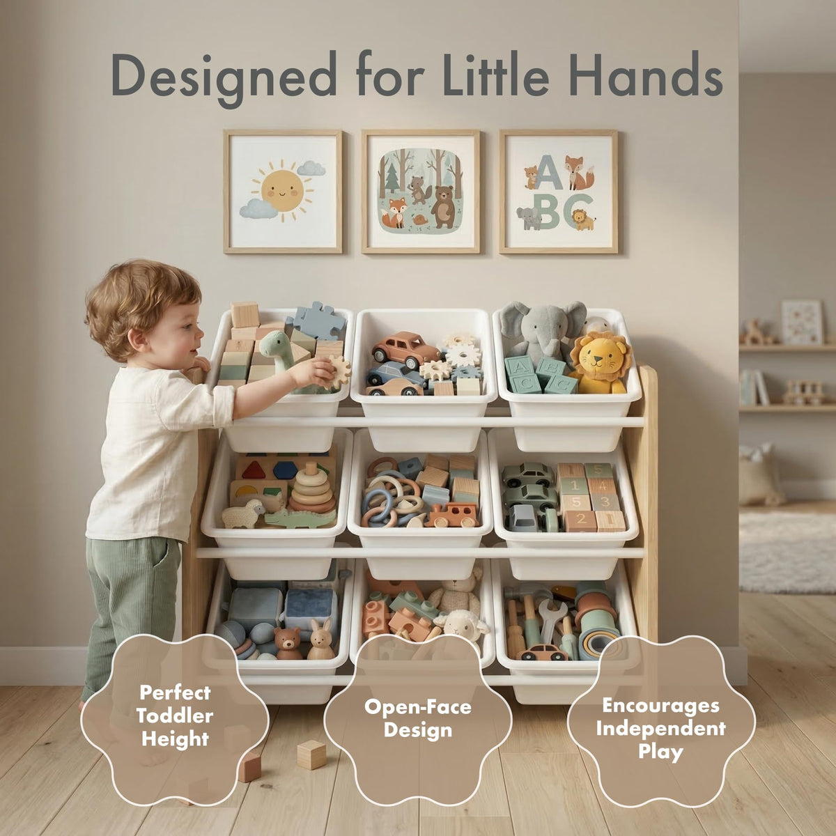 Humble Crew 9-Bin Toy Organizer – Journey Natural Wood with White Plastic Bins, 3-Tier Storage Solution for Kids' Playrooms and Nurseries