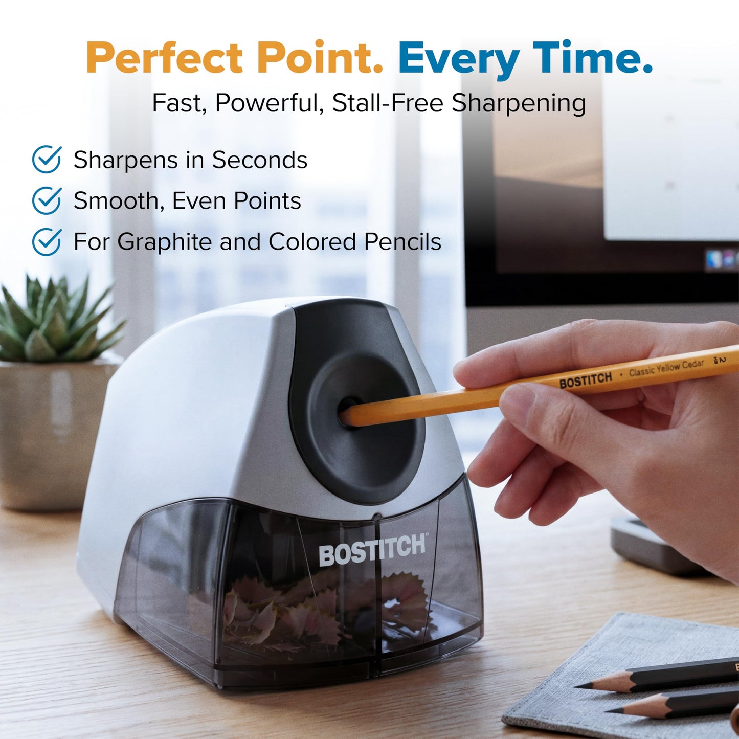 Bostitch Office Personal Electric Pencil Sharpener, Powerful Stall-Free Motor, High Capacity Shavings Tray, Black (EPS4-BLKSLV) - Available at All In One Marketplace Canada