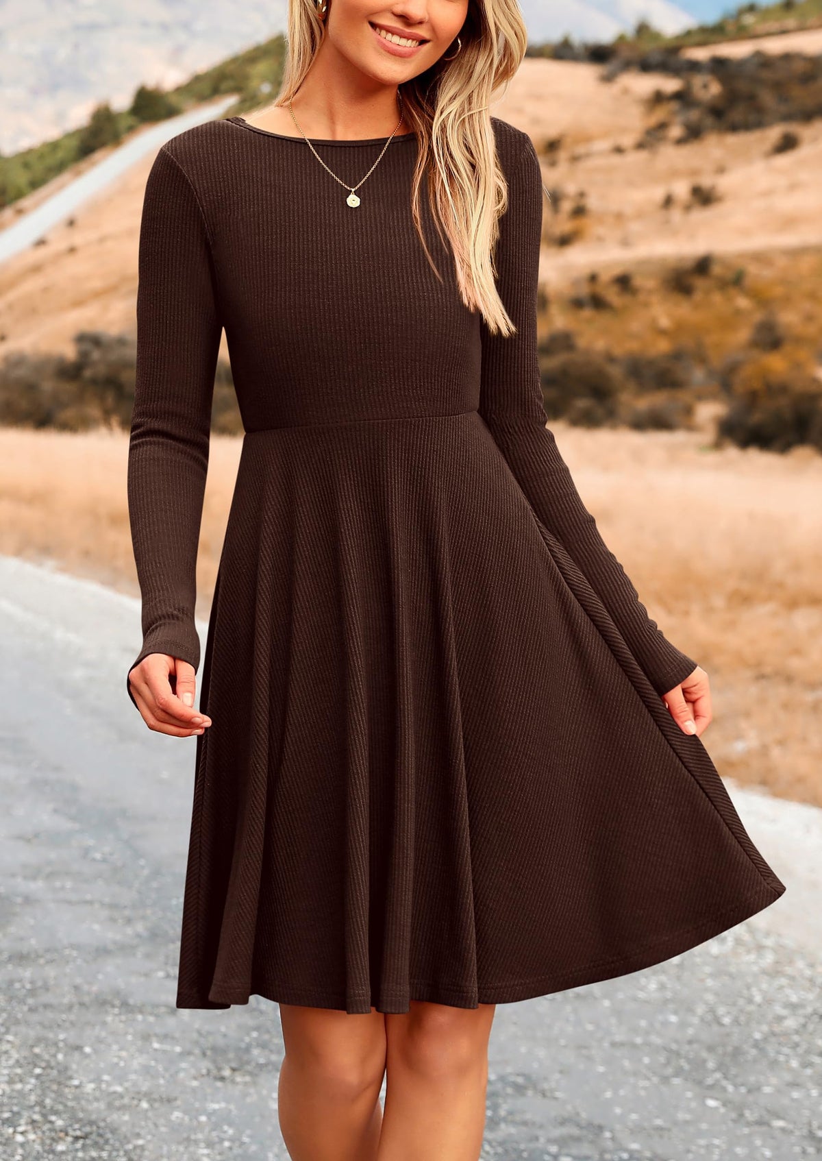 PRETTYGARDEN Women's Fall Casual Long Sleeve Short Dress Dark Coffee,M 🍁 All In One Marketplace Canada
