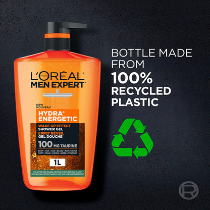 L'Oréal Paris Men Expert Hydra Energetic XXXL Shower Gel, Men's Taurine Body Wash for Body, Face, Hair & Beard, Energizing & Wake Up Effect, 1 Litre