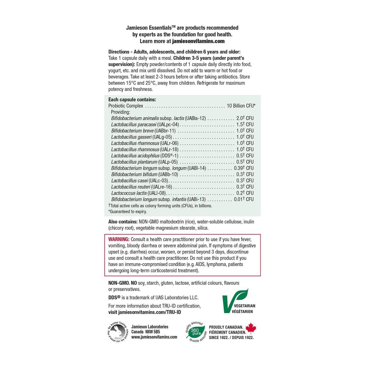 Jamieson Probiotic 10 Billion CFU, 60 Veggie Capsules, Daily Maintenance, Intestinal & Digestive Health. 14 Unique Strains to Improve Microbial Diversity, Bifidobacterium and Lactobacillus, Non-GMO