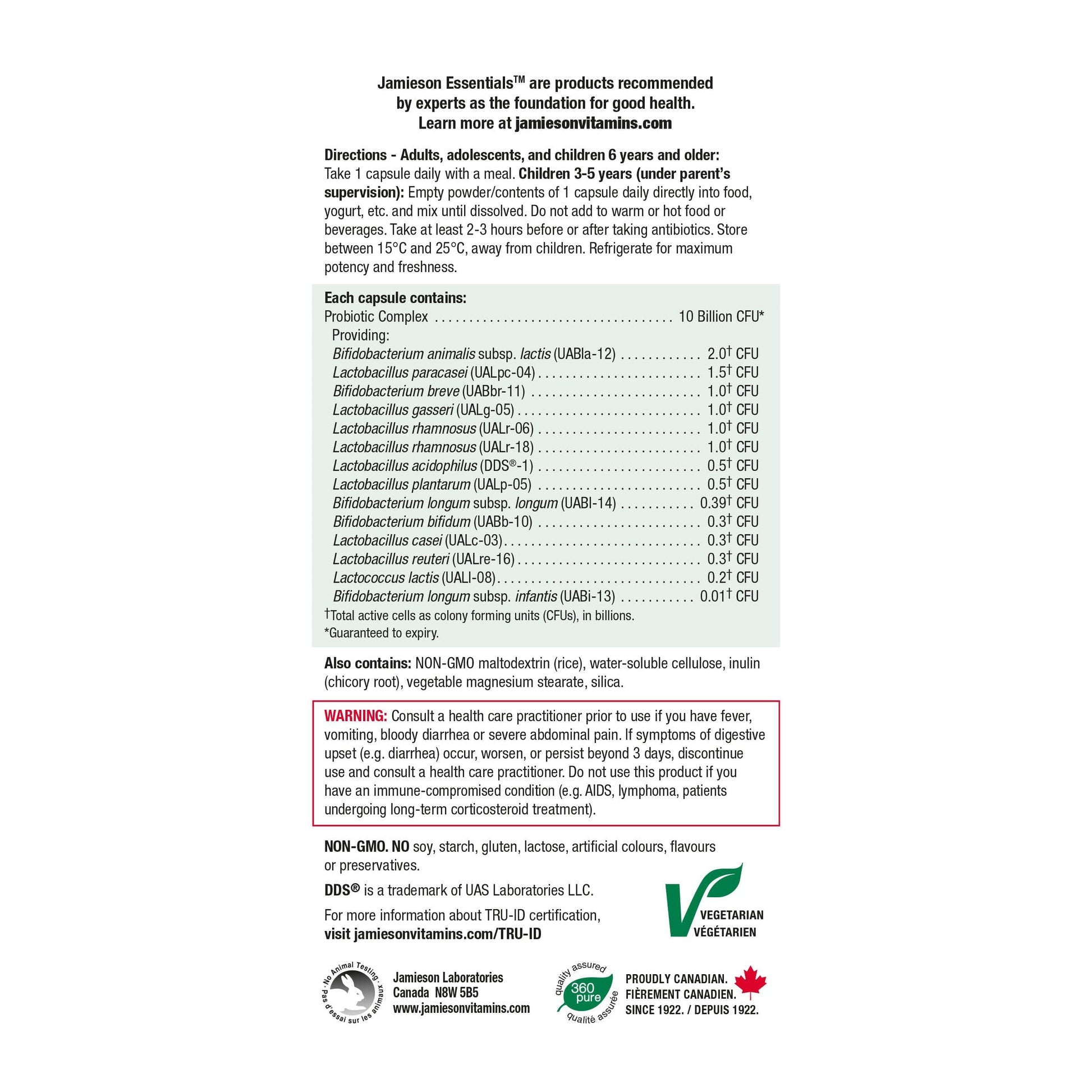 Jamieson Probiotic 10 Billion CFU, 60 Veggie Capsules, Daily Maintenance, Intestinal & Digestive Health. 14 Unique Strains to Improve Microbial Diversity, Bifidobacterium and Lactobacillus, Non-GMO