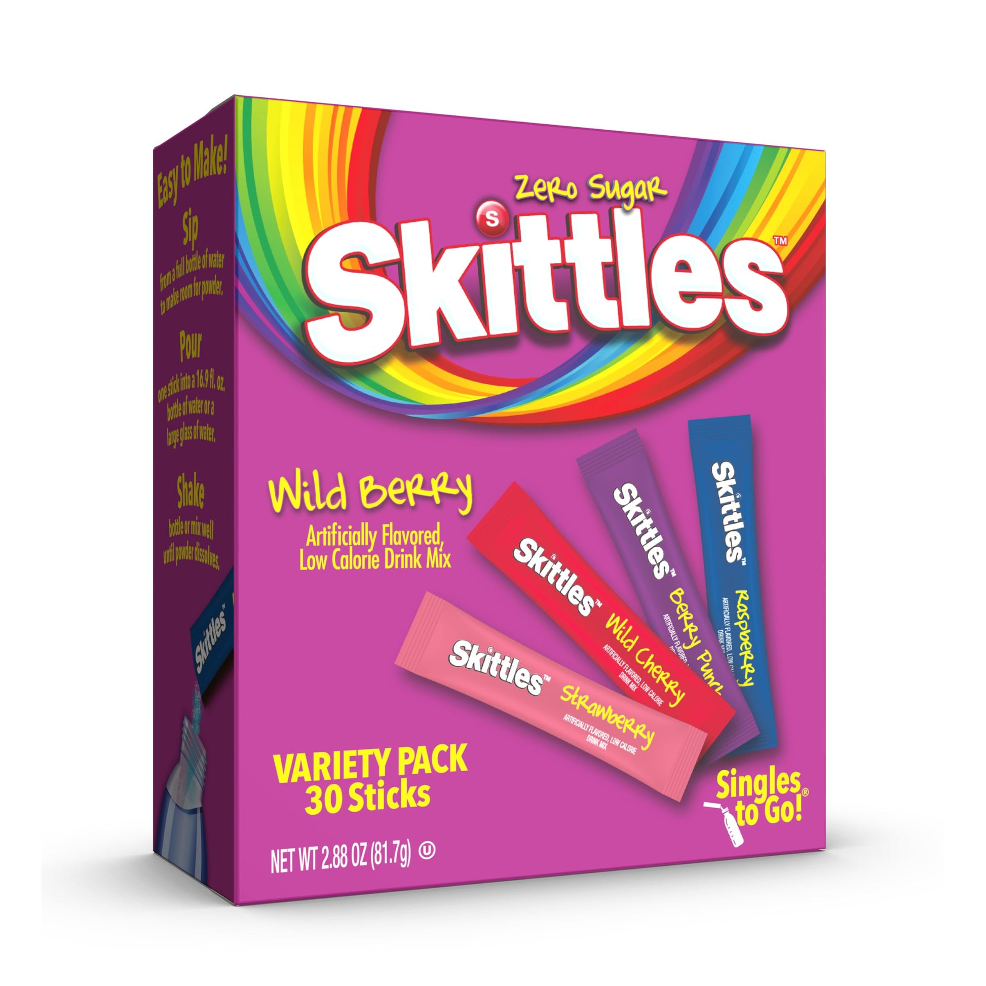 SINGLES TO GO! Skittles 30 Count Singles To Go Wild Berry Variety Pack, Powdered Drink Mix, Zero Sugar, Low Calorie, Includes 4 Flavors, Total Servings