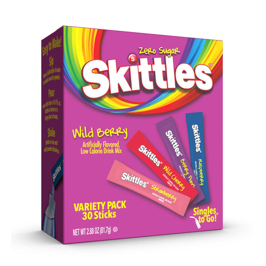 SINGLES TO GO! Skittles 30 Count Singles To Go Wild Berry Variety Pack, Powdered Drink Mix, Zero Sugar, Low Calorie, Includes 4 Flavors, Total Servings
