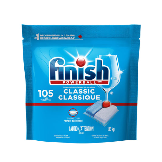 Finish Classic, Everyday Clean and Shine, No Pre-Rinse Formula, Grease and Stain Removal, Scrubs Dried-On Food, 105 Tabs - Available at All In One Marketplace Canada