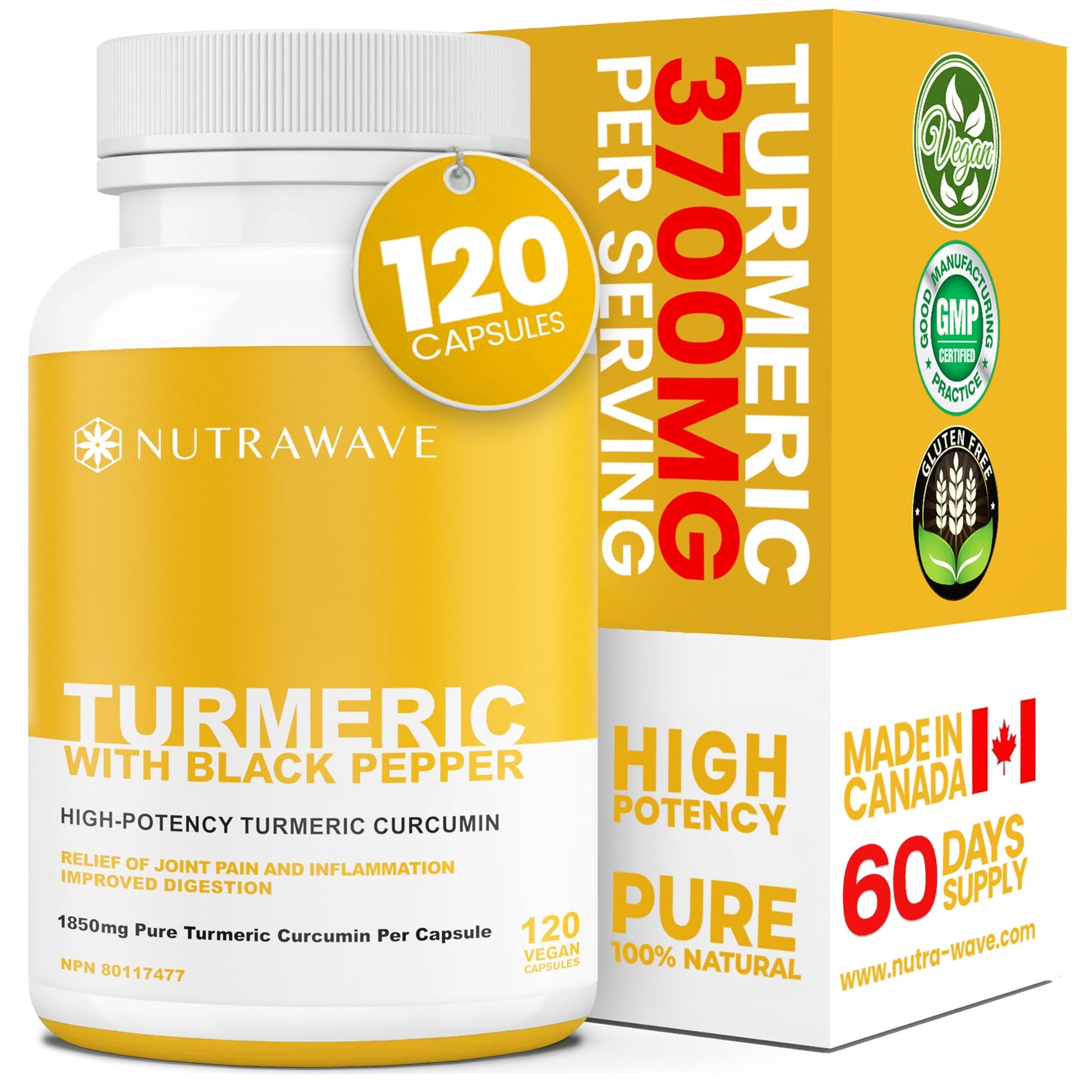 Nutrawave HIGH POTENCY TURMERIC CURCUMIN + BLACK PEPPER EXTRACT – Powerful 3700mg per Serving (2 capsules), Source of Anti-Inflammatory and Antioxidants. Joint Pain Relief, Improved Liver Function. Non-GMO, Vegan, Gluten Free. Zero Additives, Easy to Swal - Available at All In One Marketplace Canada