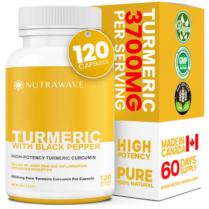 Nutrawave HIGH POTENCY TURMERIC CURCUMIN + BLACK PEPPER EXTRACT – Powerful 3700mg per Serving (2 capsules), Source of Anti-Inflammatory and Antioxidants. Joint Pain Relief, Improved Liver Function. Non-GMO, Vegan, Gluten Free. Zero Additives, Easy to Swal - Available at All In One Marketplace Canada