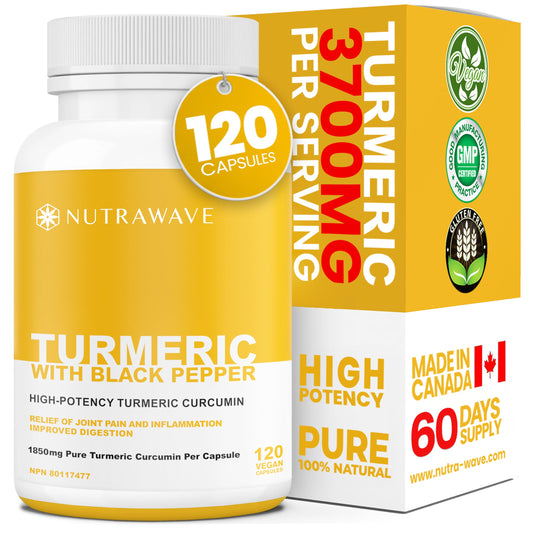 Nutrawave HIGH POTENCY TURMERIC CURCUMIN + BLACK PEPPER EXTRACT – Powerful 3700mg per Serving (2 capsules), Source of Anti-Inflammatory and Antioxidants. Joint Pain Relief, Improved Liver Function. Non-GMO, Vegan, Gluten Free. Zero Additives, Easy to Swal - Available at All In One Marketplace Canada