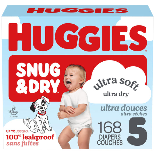Huggies Size 5 Diapers, Snug & Dry Baby Diapers, Size 5 (25-37 lb.), 168 Count, Packaging May Vary