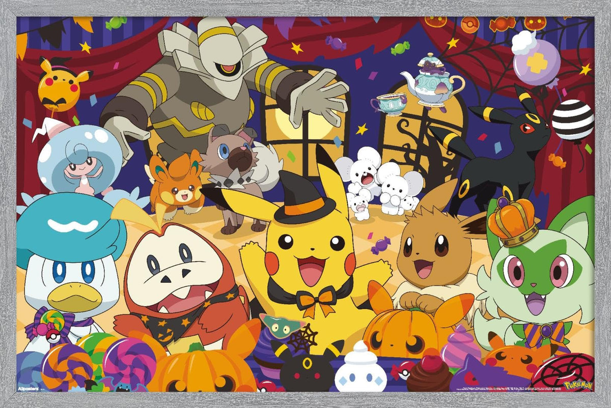 Pokémon : Fête d'Halloween - Affiche murale de groupe, 22,4 po L x 14,7 po l, version encadrée grise