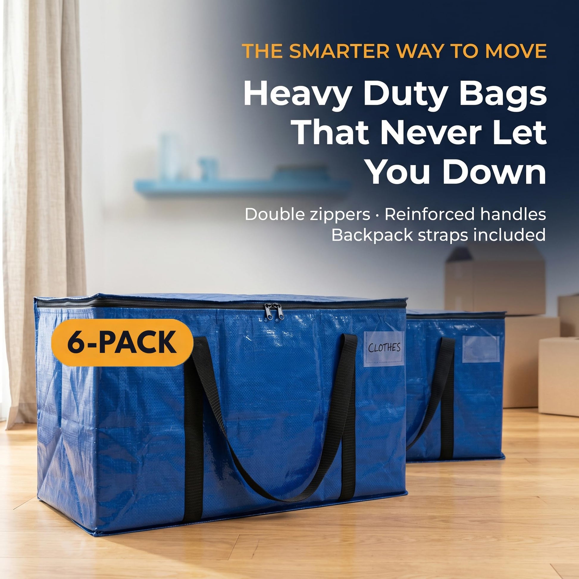 ClearSpace Heavy Duty Moving Bags or Storage Bag, 6 Pack – Large Moving Boxes with Backpack Straps, Zippers & Handles – Perfect for College Dorm, Traveling, Camping, Christmas Decorations - Available at All In One Marketplace Canada
