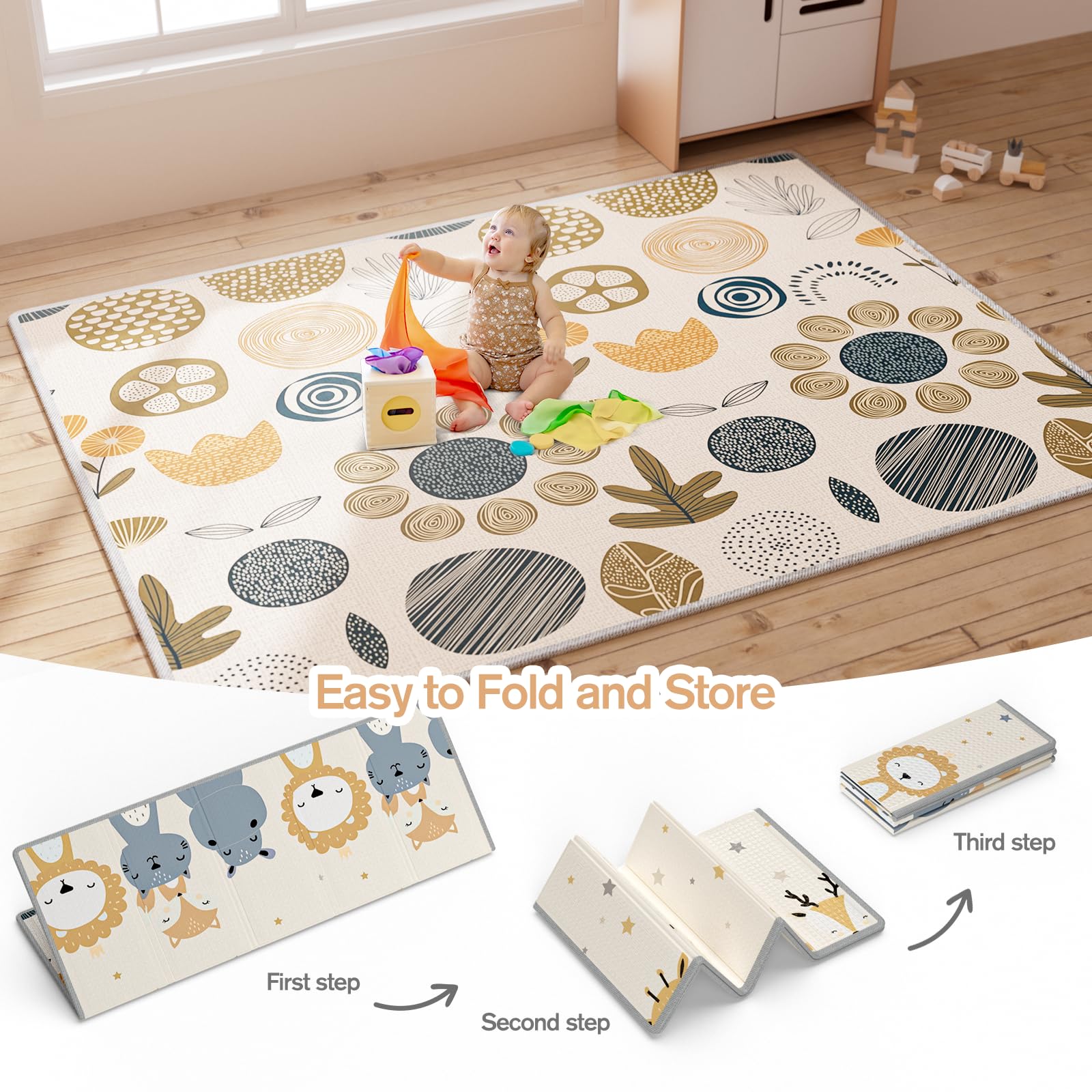 mloong Baby Play Mat, 71x59x0.4 Large Thick Playmat, Folding Portable Waterproof Reversible Double-Sided Crawling Mat, Baby Floor Mat for Infants and Toddlers, Easy to Clean (71x59x0.4in-Star)