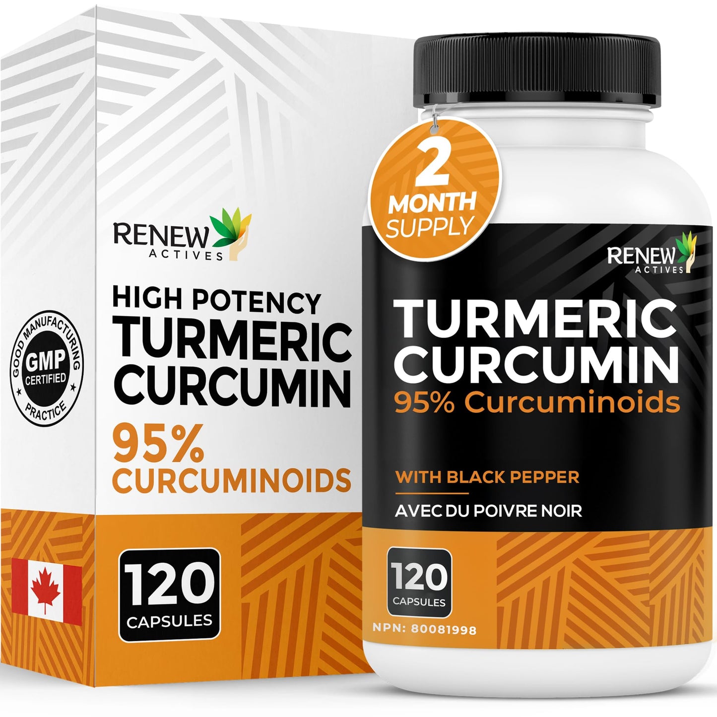 RENEW ACTIVES Turmeric Curcumin – Ultra Potent 95% Curcuminoids with BioPerine Black Pepper for Maximum Absorption – Supports Joint Health, Mobility, Digestion & Liver – Made in Canada – 120 Capsules
