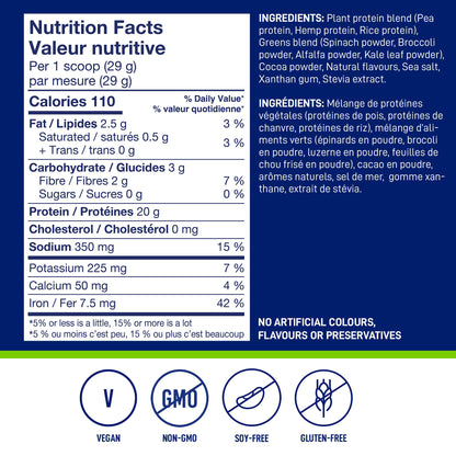 LeanFit Plant-Based Protein & Greens Powder - Natural Chocolate Flavor, 20g Protein + 4 Greens Per Serving, Vegan & Gluten-Free, 20 Servings